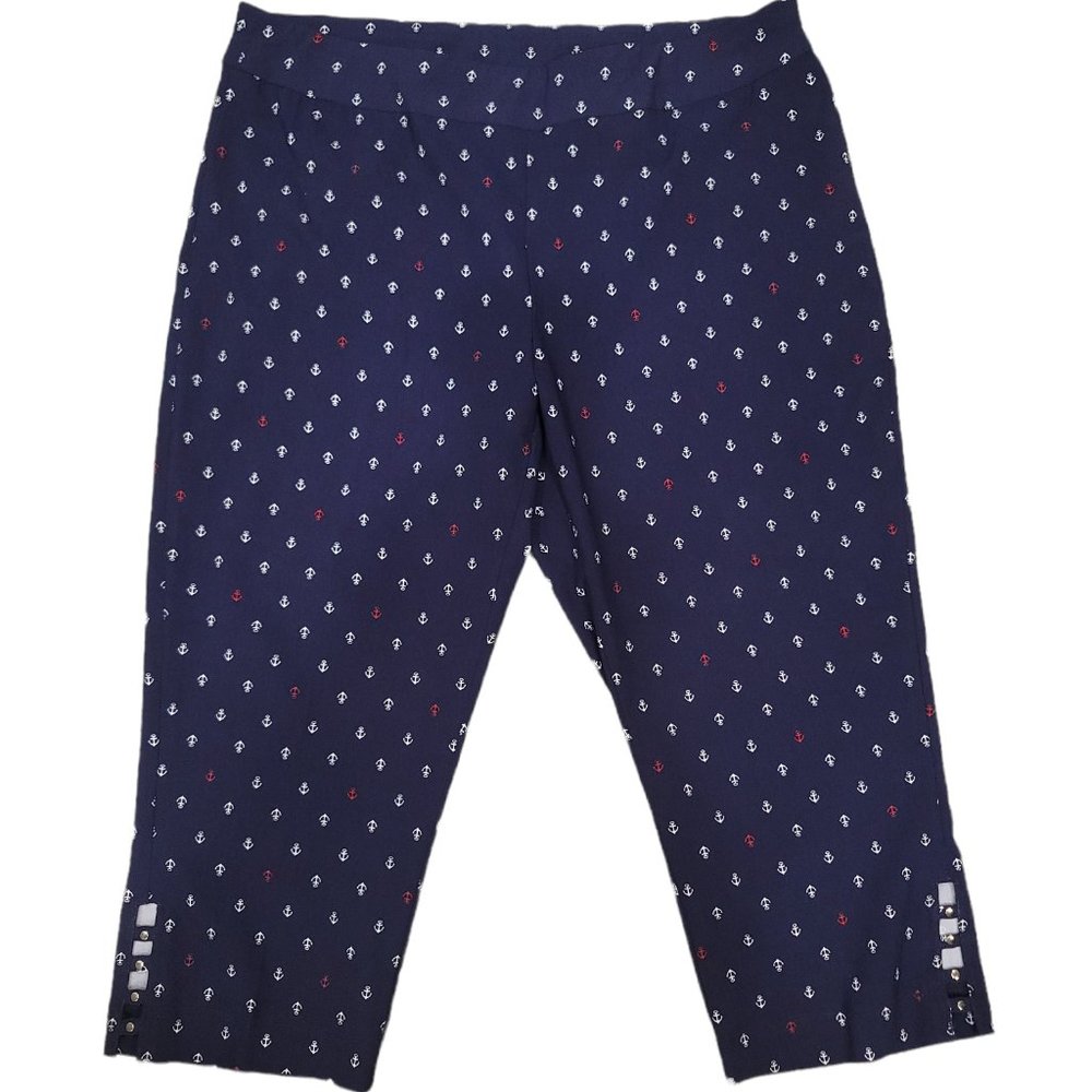 Cathy Woman Navy Capri Pants With Red & White Anchors Design Size XL